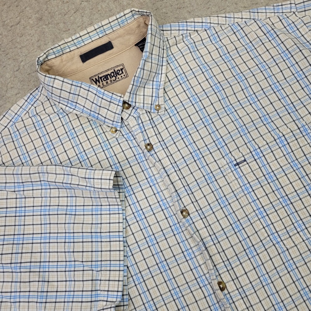 Wrangler Hero Shirt Mens 2XL‎ Blue Plaid Short Sleeve Button Down Pocket Cotton